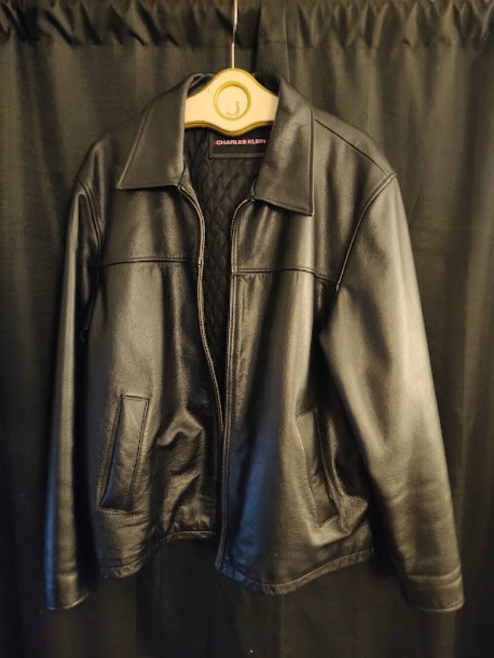 charles klein Black Leather Bomber Jacket Quilted Lining Size XL